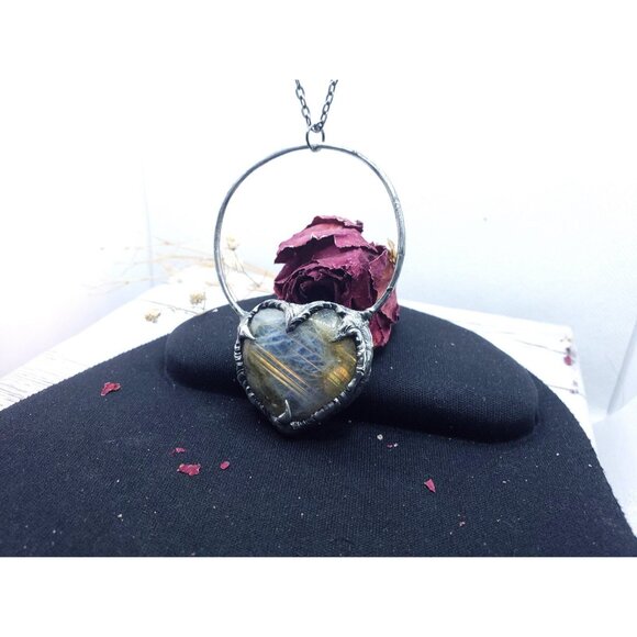 Labradorite Heart Crystal Necklace Handmade Gothic Fantasy Metalwork - Picture 5 of 12